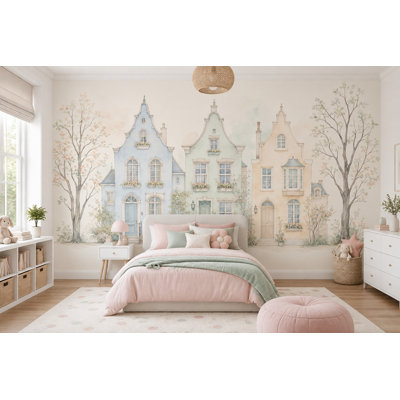Watercolor European Townhouses Wallpaper Pastel Streetscape Wall Mural