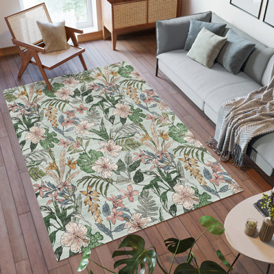 Tapis intérieur floral rayé, vert, ivoire, rose, orange, lavable à la machine, velours plat et antidérapant pour le salon et la chambre à coucher - vert, 5 x 7