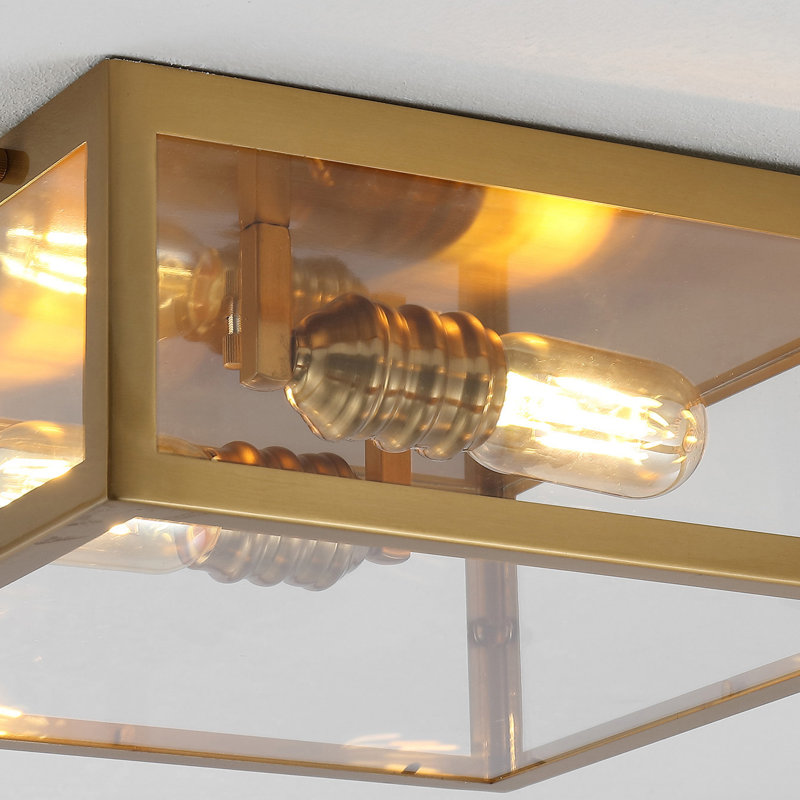 Bechtold Farmhouse Industrial Square Iron/Glass Case LED Flush Mount, Brass Gold, 5" H x 12" W x 12" D