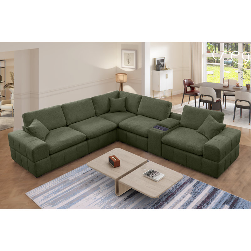 Upholstered Chenille 6 Piece Modular Sectional Sofa With Central Console, Wireless Charging & Storage, Dark Green Chenille