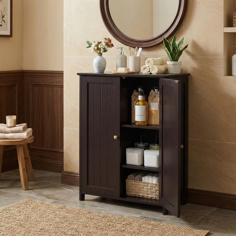 Armoire de rangement de salle de bain l 24 po avec portes doubles et tablettes réglables, armoire de plancher autoportante, brun espresso