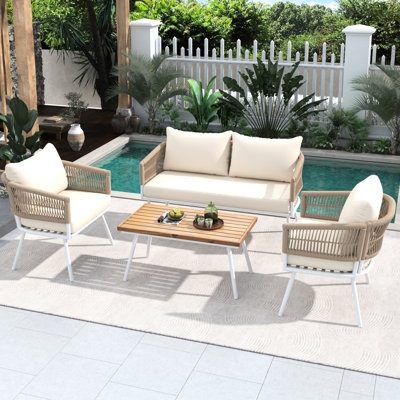 4 patios avec coussins de siège amovibles - mobilier d'extérieur beige et base solide