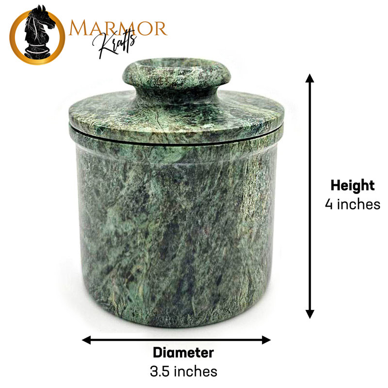 Pot à beurre en marbre naturel avec couvercle - décoration faite à la main et comptoir 4 po, Vert forêt