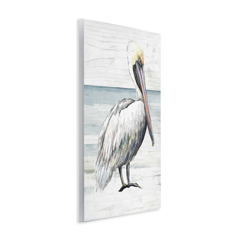Rustic Pelican Bird Beach Shoreline Portrait par Patricia Pinto - peinture sans cadre sur panneau de fibres à densité moyenne