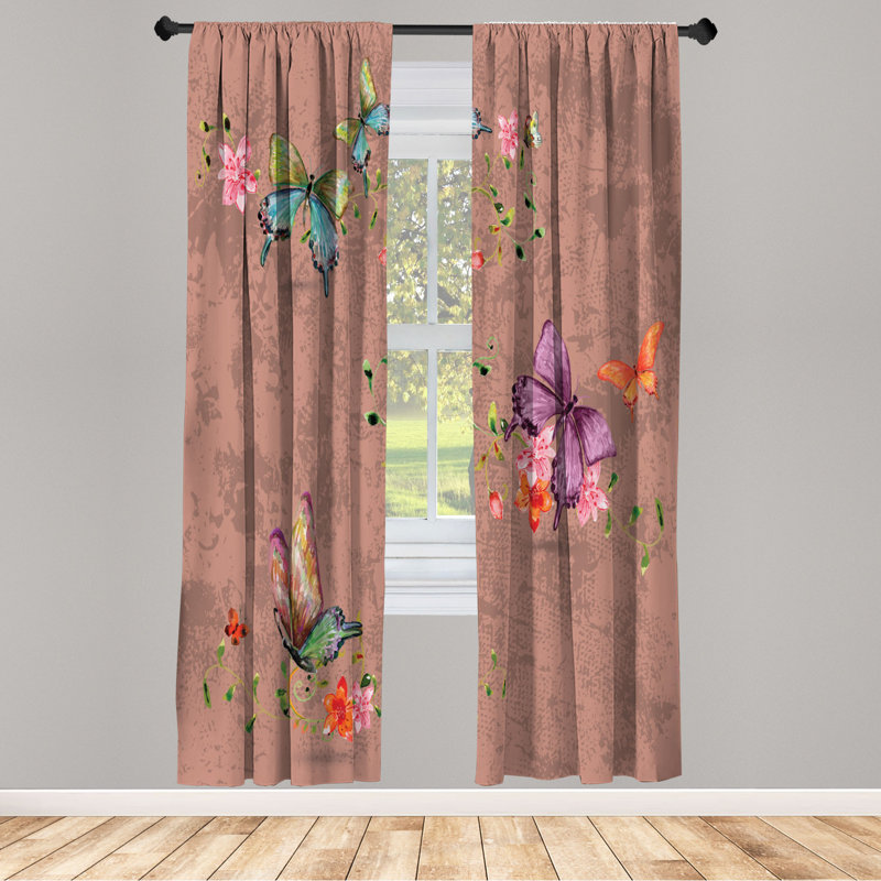 Microfiber Floral Semi-Sheer Rod Pocket Curtain Panels, 28" W x 84" L, Dark Salmon/Violet