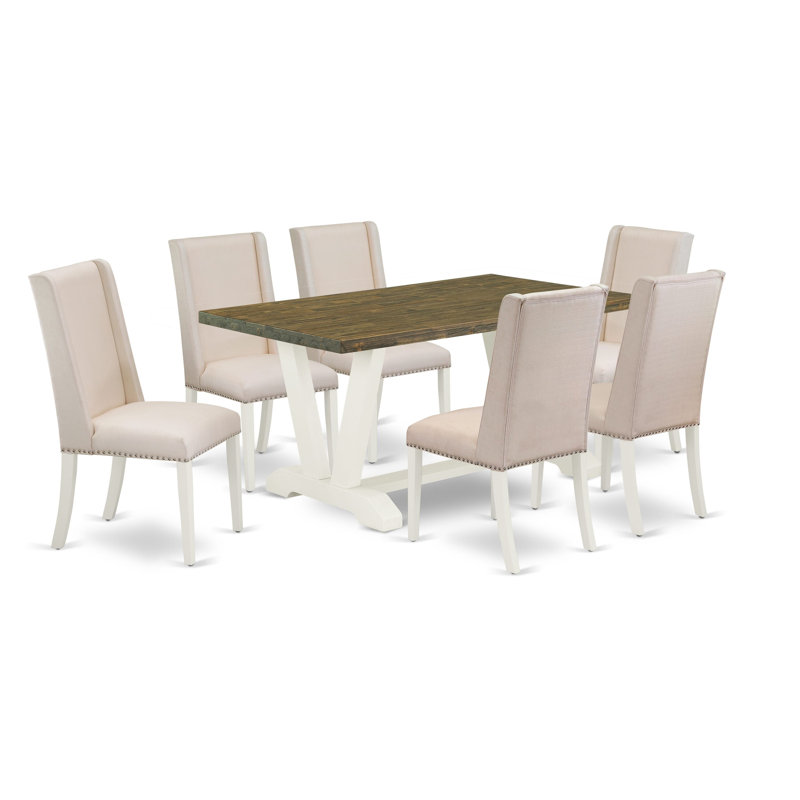 Cet ensemble de salle à manger moderne 7 pièces se compose d'une table de salle à manger Jacobean vieillie et de 6 chaises Parson en lin crème avec dossier haut - Lin brossé blanc.