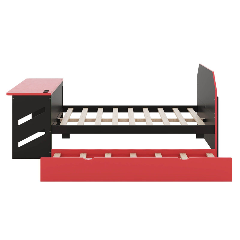 Lit de jour double avec lit gigogne, cadre de lit de jour avec bureau, cadre de lit de jour avec port USB, Rouge