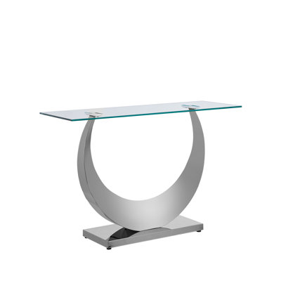 Modern 47.25" Glass Entryway Console Table with Moon-Shaped Stainless Steel Pedestal Base, Long Narrow Sofa Table Behind Couch Hallway Table for Entry by Mercer41