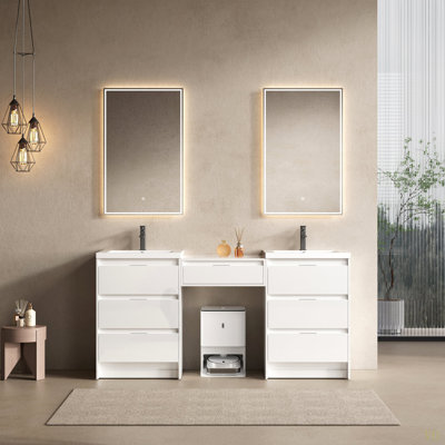72" Freestanding Bathroom Vanity With Resin Sink, And 1-Side Cabinet Combination, Soft Closing Drawers, Plywood(KD-Packing)