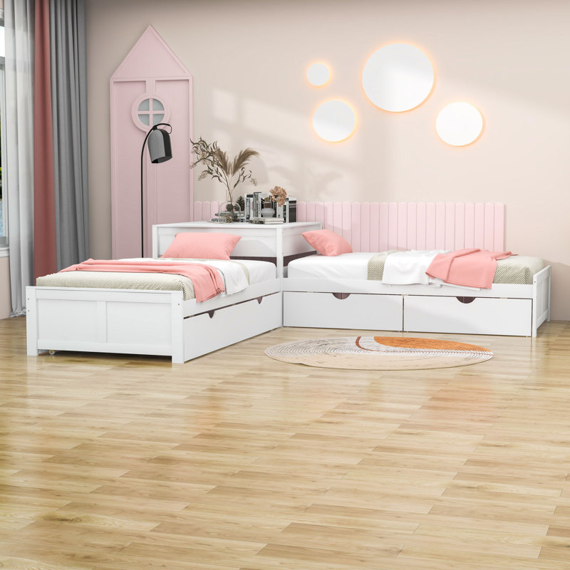 Twin Size L-Shaped Platform Bed with Trundle and Two Drawers, White