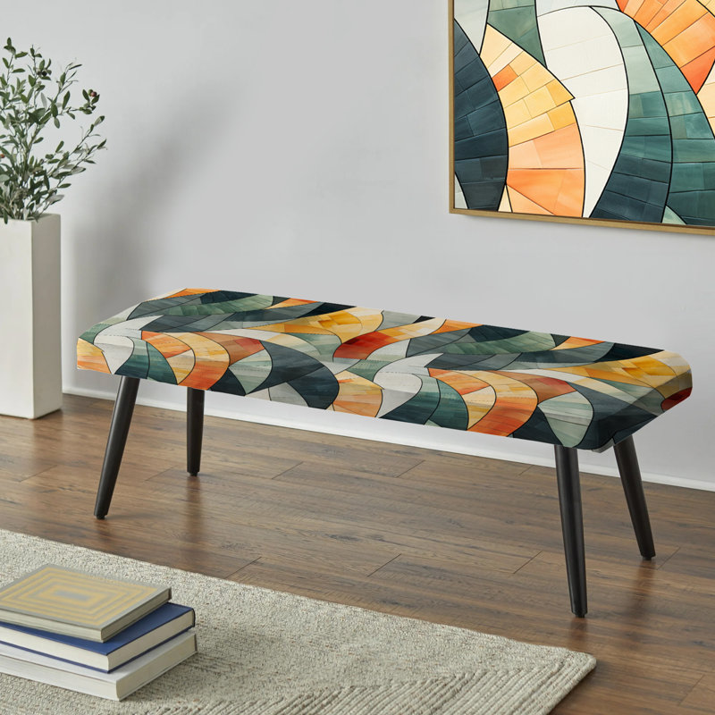 Geometric Orange And Green Mosaic Pattern - Geometric Upholstered Black Bench
