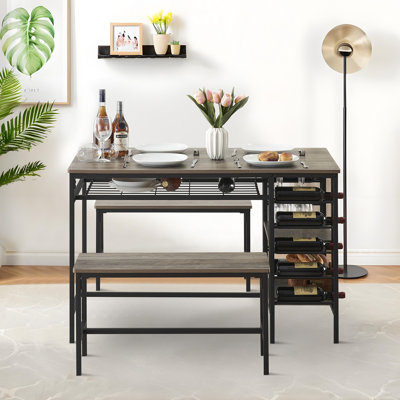 Ensemble de table de salle à manger pour 4 personnes, ensemble de table de cuisine pour 4 personnes avec 2 bancs, ensemble de table de salle à manger rectangulaire avec support à vin, ensemble de table de salle à manger 3 pièces pour petit espace