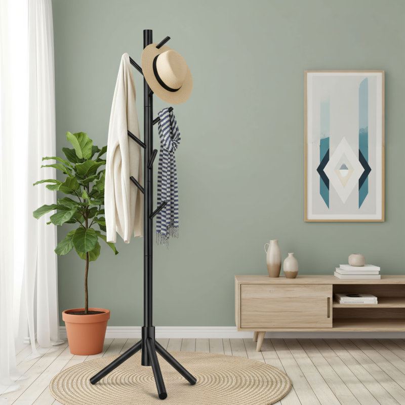 Floor-standing Coat Rack With 8 Hooks + 3 Adjustable Tree-shaped Hangers. Suitable For Hanging Hats, Coats, Scarves, And Bags. Fits Various Scenarios Including Bedrooms, Hallways, And Offices.