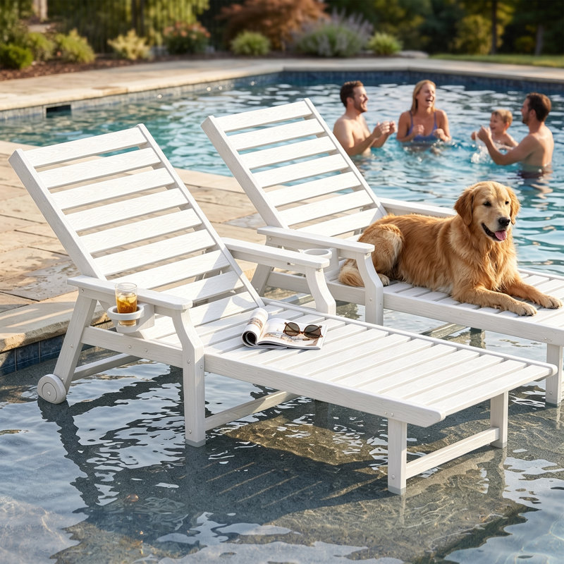 Chaise longue d'extérieur en PEHD, dossier réglable sur 5 positions, avec roulettes et porte-gobelet, idéale pour terrasse de piscine ou jardin, blanche.