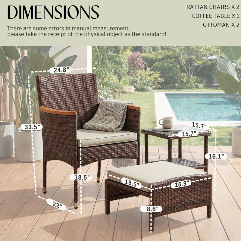 5 PCS Outdoor Patio Furniture Set with Table&Ottoman Outdoor Furniture Patio Set Bistro Wicker Patio Set (Brown Wicker&Khaki Cushion)