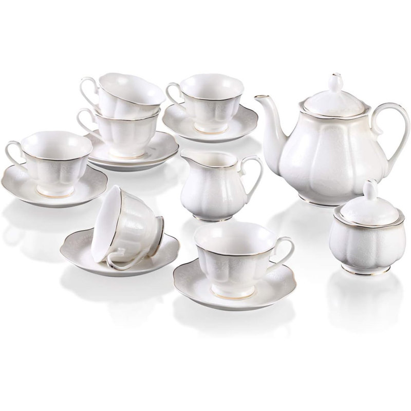 White Lotus Shape Porcelain Tea Set with Gold Trim