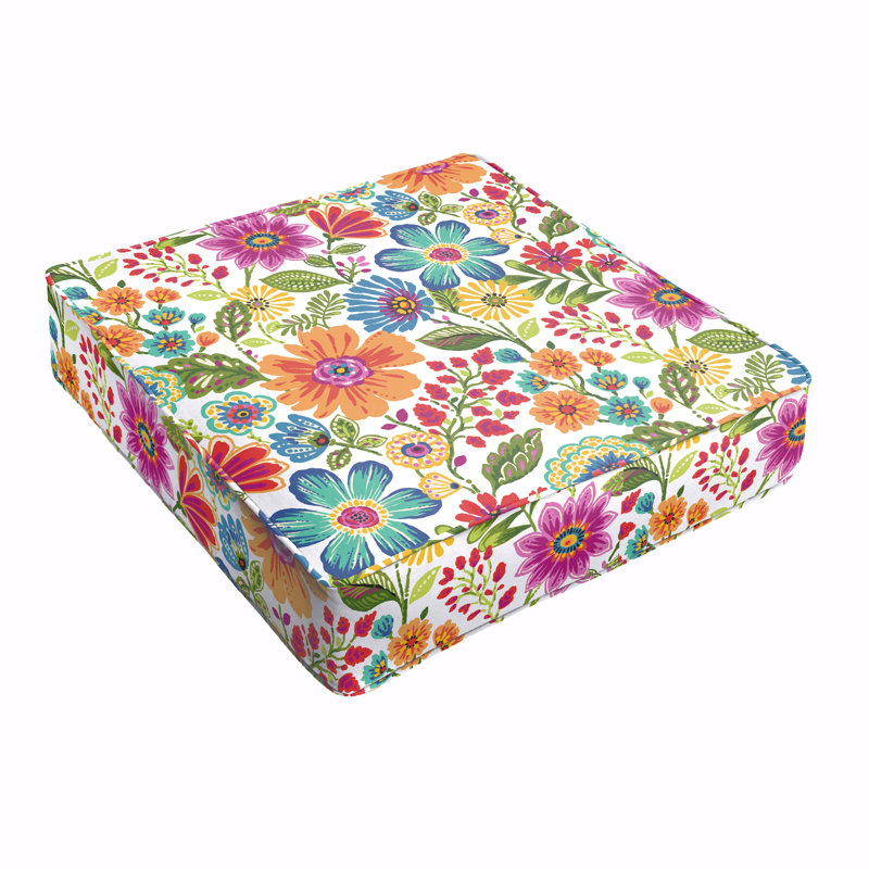 Floral Piped Outdoor Cushion, Pink/Green/Orange, 5" H x 25" W x 25" D