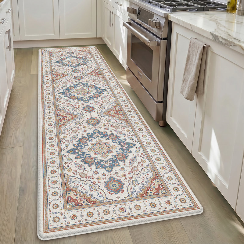Tapis de cuisine anti-fatigue, Tapis de couloir 2 pi x 7 pi 3 po, Blanc laiteux / bleu