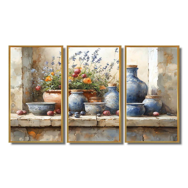 Blue And Green Boho Pottery Rustic Charm - Boho Pottery Wall Decor Set, Gold Floater Framed Canvas, 32" H x 48" W x 1" D