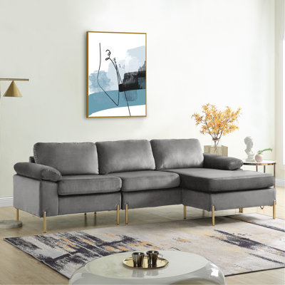 Gray Velvet L-shaped Sectional, Solid Wood Frame, Metal Legs With Brass Gold Finish, Pillow Arms, Removable Foam Seat Cushions For Lounging Sectional Chaise, & Manufactured Sleek Foam-filled Movie