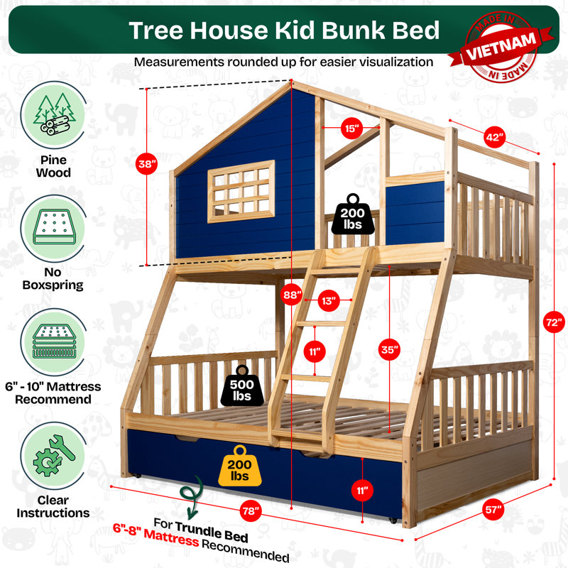  Treehouse Wooden Twin over Full Kid Bunk Bed with Under Trundle Bed and Heavy Duty, Natural