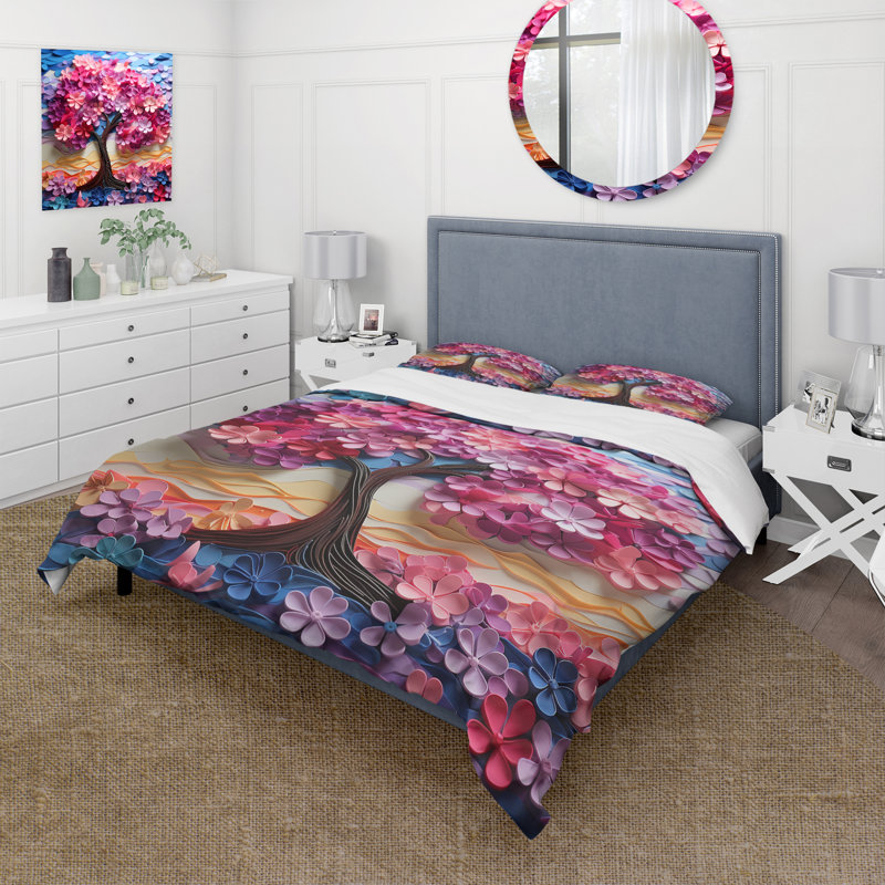 Ensemble de housse de couette arbre rose et mauve Essence III, Housse de couette pour très grand lit