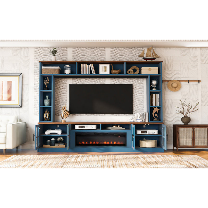Meuble audio-vidéo large avec bibliothèque, foyer électrique et tablettes réglables, meuble télé moderne, Marine, Oui