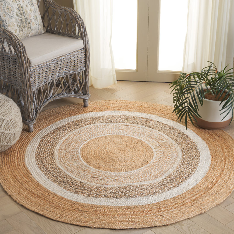 Natural Fiber Handwoven Jute Geometric Rug, Round 5'