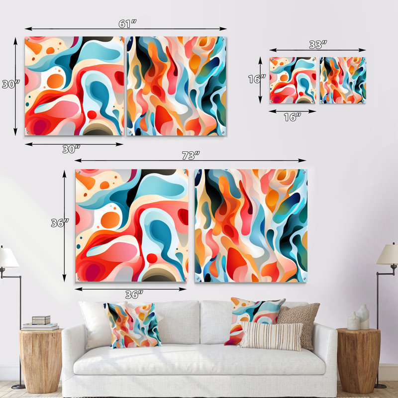 Multicolore abstrait vague de neutralité - ensemble abstrait d'art mural en verre acrylique sur 2, H 16 po x l 33 po