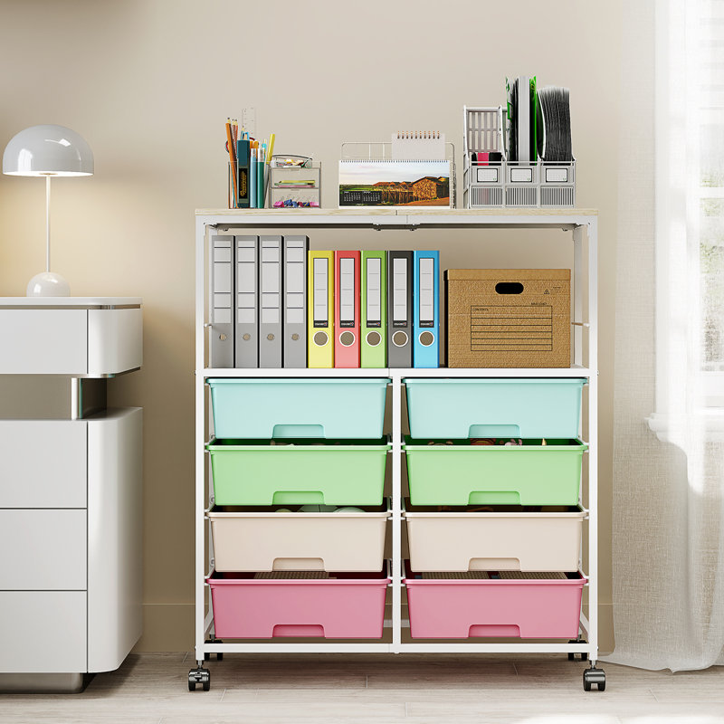 8 Drawers Rolling Storage Cart with Wooden Top, Multipurpose Utility Cart with Opening Shelf & Lockable Wheels, Storage Drawer Rolling Cart Organizer