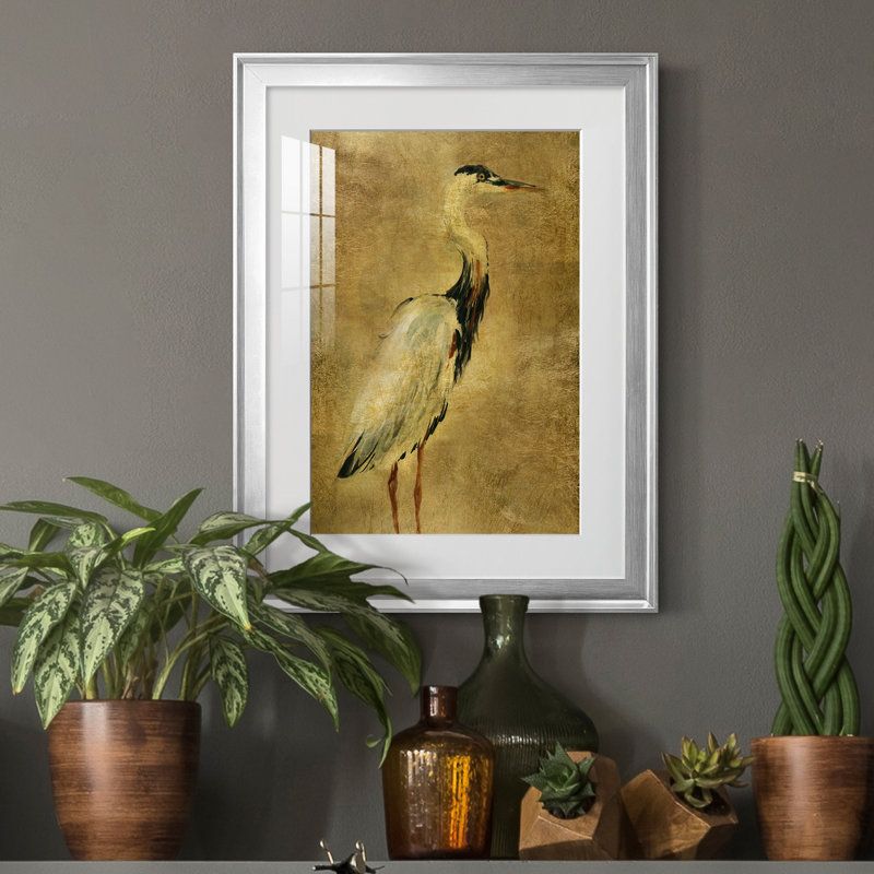 «Gold Crane at Dusk I», peinture sur toile encadrée, H 18,5 po x l 24,5 po x P 1,5 po, Argent