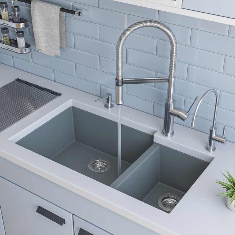 33.88'' L Double Bowl Granite Kitchen Sink, Titanium