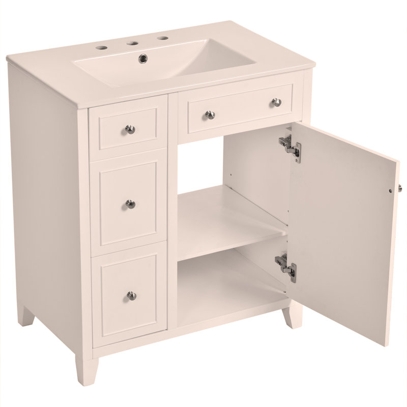 Meuble-lavabo de 30 pouces avec lavabo en céramique, tiroir double couche, tiroir profond et tablette réglable
