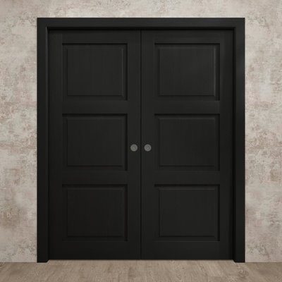Portes coulissantes doubles à galandage de style français 36 x 84 pouces Ego 5010, kit de rails et quincaillerie en chêne noir peint, bois massif, portes intérieures modernes pour chambre à coucher