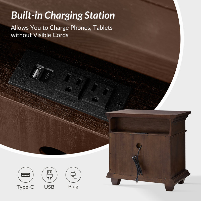 Table de bout en bois massif à 3 tiroirs avec station de charge et assemblage simple Auguste, Noyer