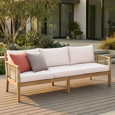 Patio Acacia Wood 3-Seater Sofa, Outdoor Hand Woven Rope Sofa With Cushions And Pillows For Garden, Backyard, Poolside, Teak Look+Beige Cushion