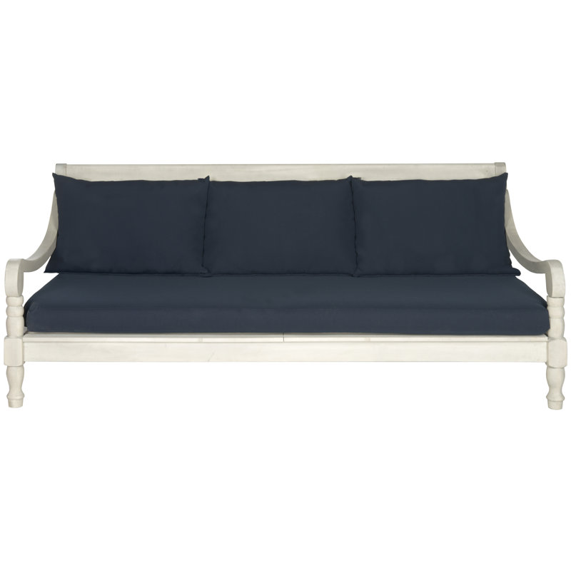 71.7'' Wide Straight Acacia Patio Daybed with Cushions, Antique White, Navy