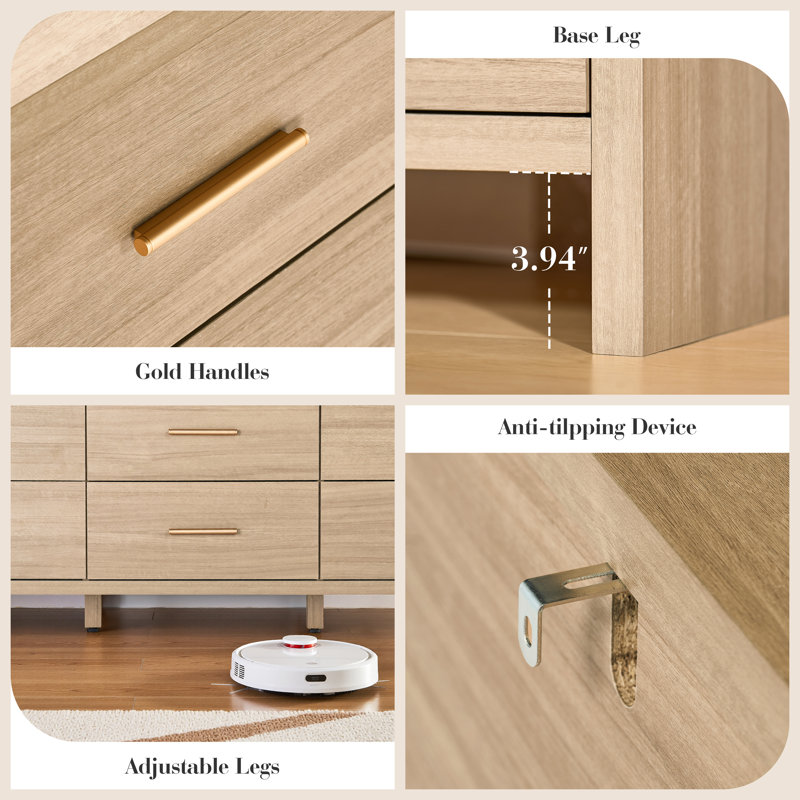 Commode 9 tiroirs Modern - Système de rangement luxueux de 63 po, Chêne