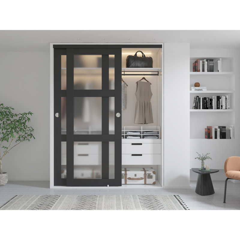 60 po x 80 po 3 portes coulissantes en verre trempé givré 3-Lite avec trousse de quincaillerie d'installation, 60 po x 80 po