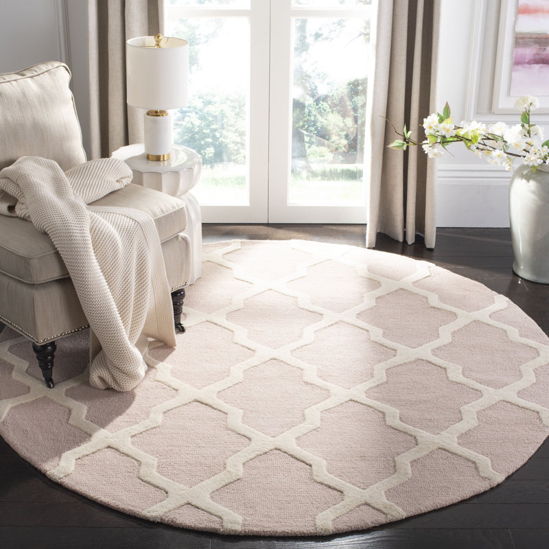 Cannen Hand Tufted Wool Geometric Rug, Round 6', Ivory/Light Pink
