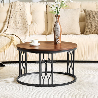 Table basse ronde avec plateau en grain de bois noyer chaleureux et piédestal en métal noir mat, diamètre industriel de 27,5 pouces pour le salon