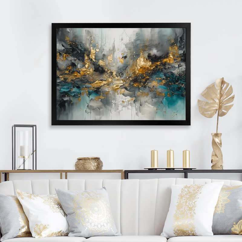Gris, or moderne abstrait contemporain I - art mural abstrait en marbre, Cadre photo noir, H 30 po x l 40 po x P 1,5 po