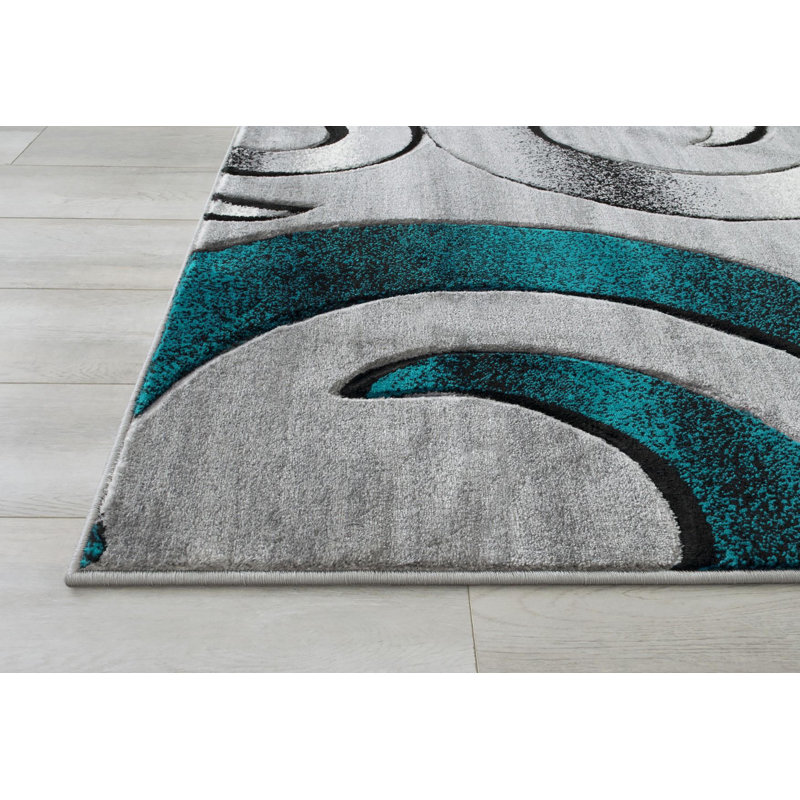 Tapis abstrait turquoise/gris zone Aftan, Rectangle de 7 pi x 10 pi 5 po