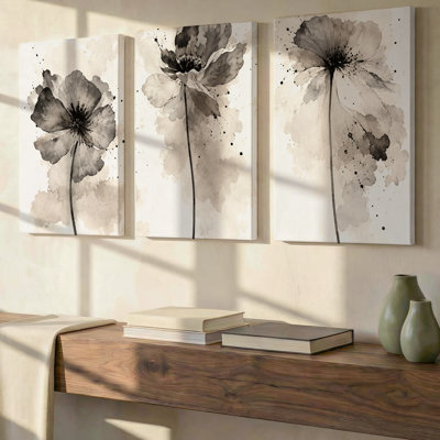 3 Pieces Exculisive Gray Ink Flower Triptych Minimalist Large Wall Art Neutral Botanical Panorama, Canvas Decor for Living Room, Bedroom and Office