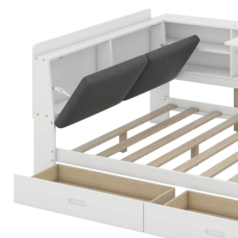 Lit plateforme en bois avec 2 tiroirs et tablettes et tête de lit avec rangement Hesson, Blanc