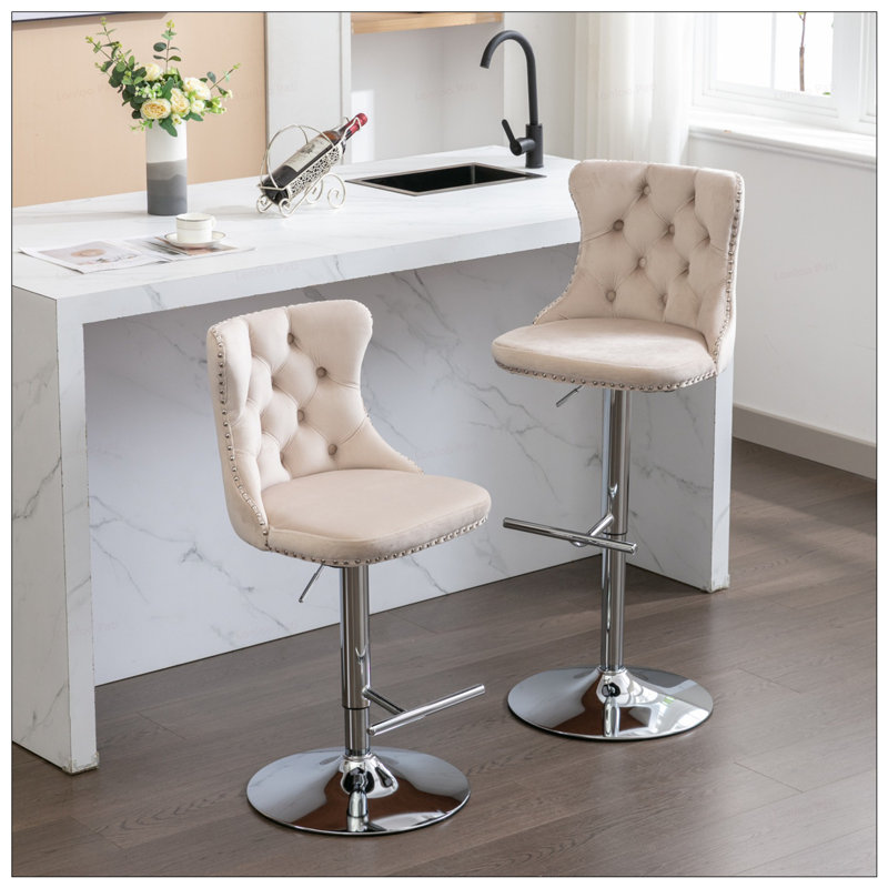 2PCS Velvet Swivel Tufted Back Barstools With Metal Silver Base, White