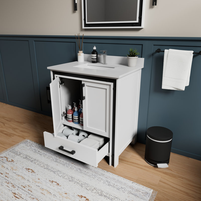 Ziva 30 in W x 22 in D Single Bath Vanity, White Top and 28 in Mirror, White, White Cultured Marble