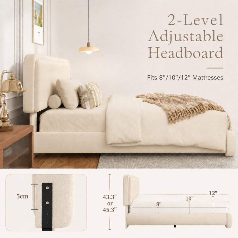 Boucle Bed Frame with Adjustable Headboard, Upholstered Bed Frame with Soft Rounded Corners, No Box Spring Needed/Easy Assembly/Noise Free