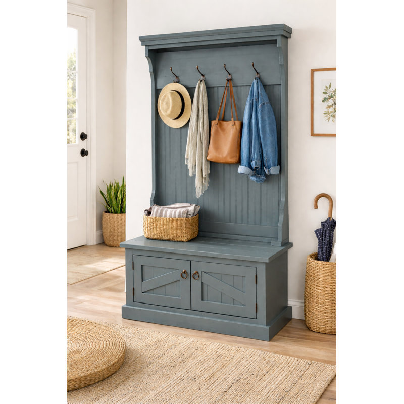Kinley Hall Tree 37.5'' Wide with Bench and Shoe Storage, Dark Blue