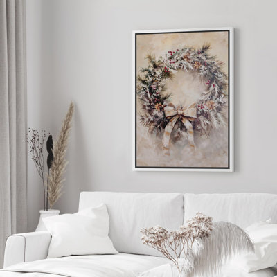 Couronne de sapin de Noël d'hiver avec baies, pommes de pin et ruban, art moderne